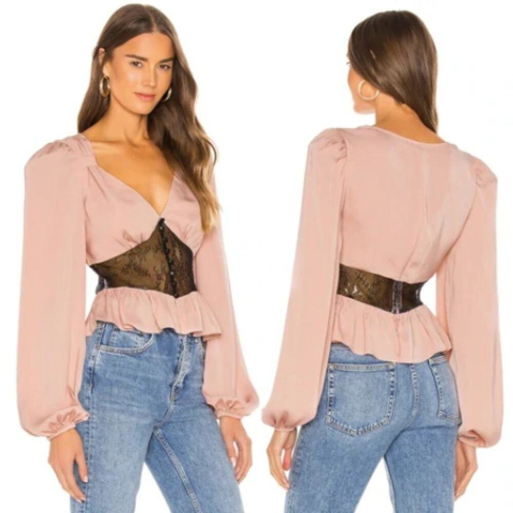 NWOT Revolve LPA Minna Pink Balloon Sleeve Lace Inset Blouse